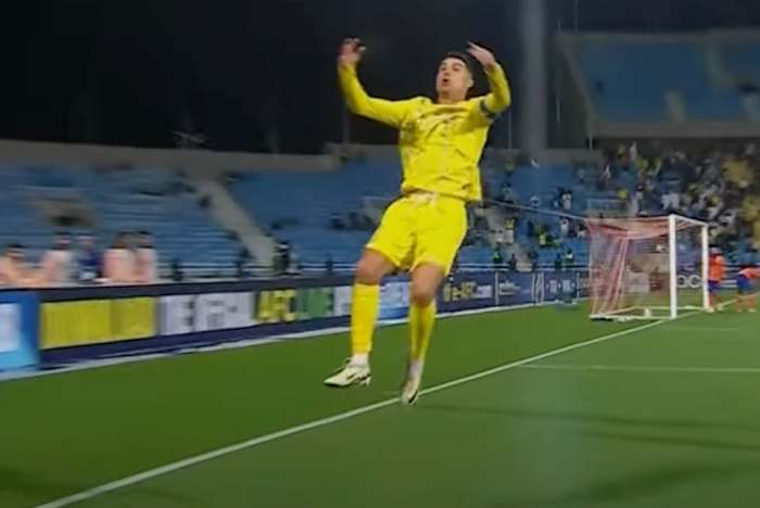 Cristiano Ronaldo pictured performing a new goal celebration after scoring for Al Nassr in a 1-0 win at Al Feiha in the AFC Champions League in February 2024